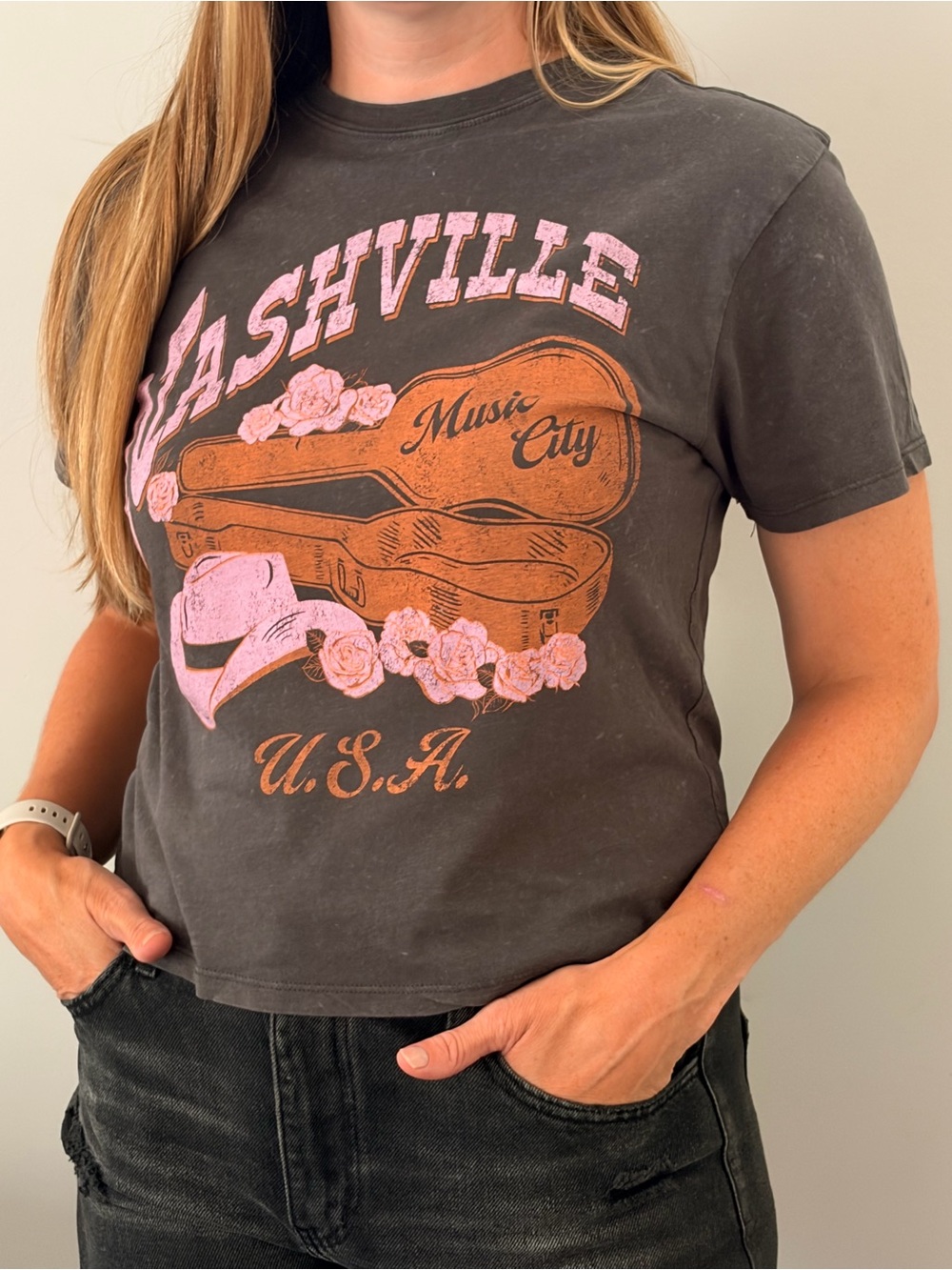 Mighty Fine Black Nashville Music City Tee with Pink & Brown Graphic